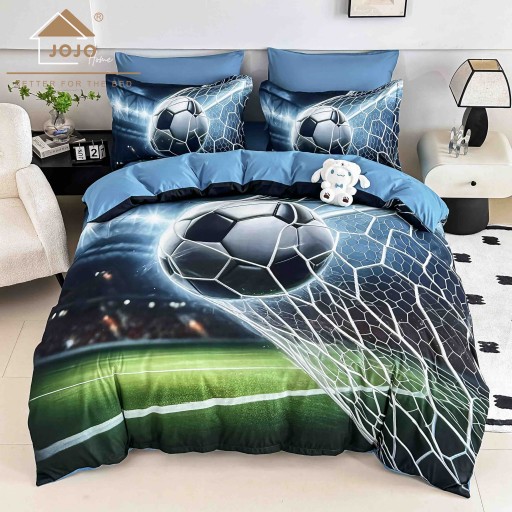 Lenjerie de pat, 2 persoane, cu elastic, finet, 6 piese, imprimeu 5D, albastru și verde, cu minge de fotbal, LELD6012