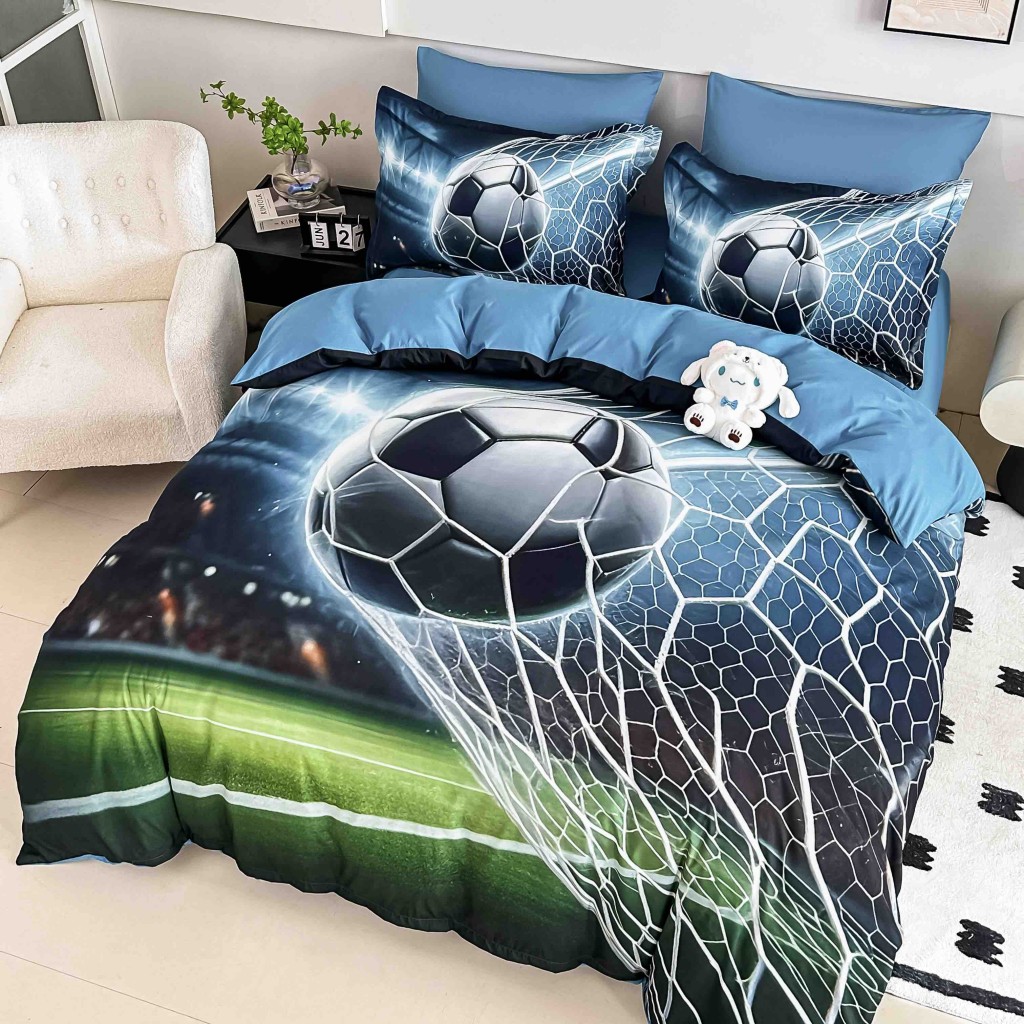 Lenjerie de pat, 2 persoane, cu elastic, finet, 6 piese, imprimeu 5D, albastru și verde, cu minge de fotbal, LELD6012