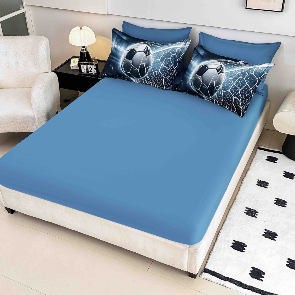 Lenjerie de pat, 2 persoane, cu elastic, finet, 6 piese, imprimeu 5D, albastru și verde, cu minge de fotbal, LELD6012