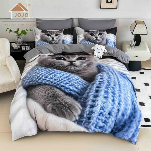Lenjerie de pat, 2 persoane, cu elastic, finet, 6 piese, imprimeu 5D, albastru și gri, cu pisică, LELD6013