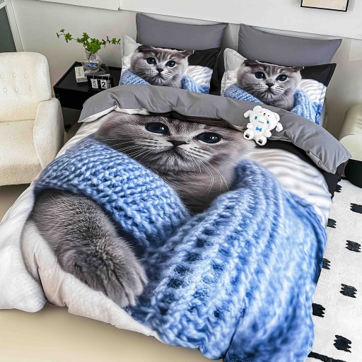 Lenjerie de pat, 2 persoane, cu elastic, finet, 6 piese, imprimeu 5D, albastru și gri, cu pisică, LELD6013