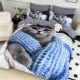 Lenjerie de pat, 2 persoane, cu elastic, finet, 6 piese, imprimeu 5D, albastru și gri, cu pisică, LELD6013
