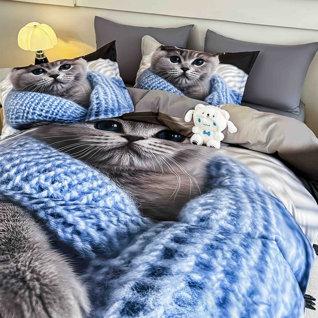 Lenjerie de pat, 2 persoane, cu elastic, finet, 6 piese, imprimeu 5D, albastru și gri, cu pisică, LELD6013