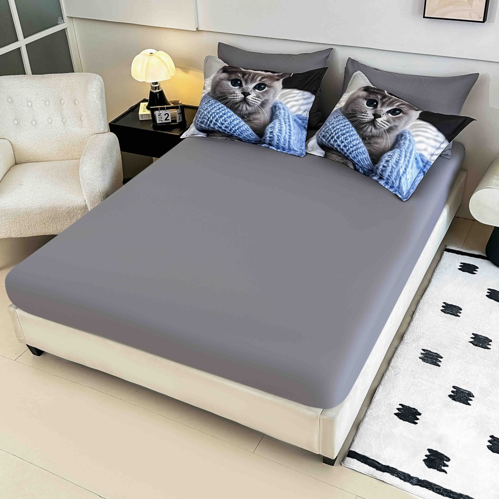 Lenjerie de pat, 2 persoane, cu elastic, finet, 6 piese, imprimeu 5D, albastru și gri, cu pisică, LELD6013