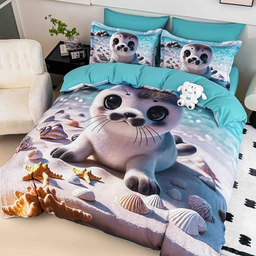 Lenjerie de pat, 2 persoane, cu elastic, finet, 6 piese, imprimeu 5D, albastru și gri, cu pui de focă, LELD6014