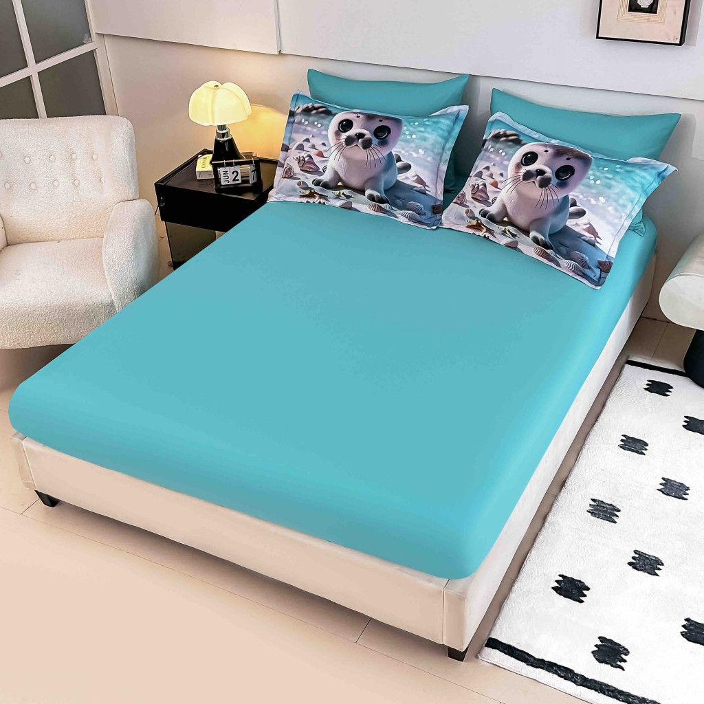 Lenjerie de pat, 2 persoane, cu elastic, finet, 6 piese, imprimeu 5D, albastru și gri, cu pui de focă, LELD6014