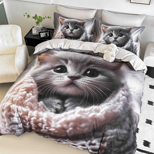 Lenjerie de pat, 2 persoane, cu elastic, finet, 6 piese, imprimeu 5D, crem și gri, cu pui de pisică, LELD6015