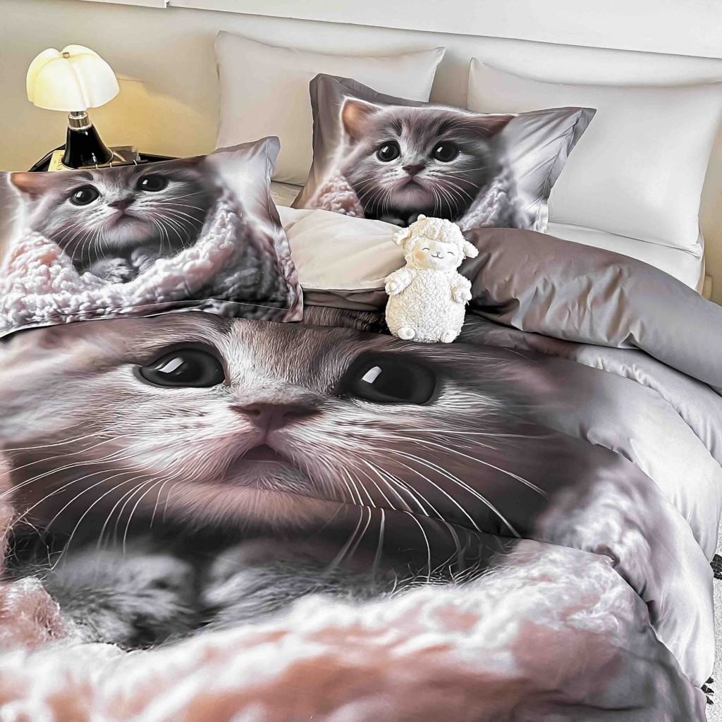 Lenjerie de pat, 2 persoane, cu elastic, finet, 6 piese, imprimeu 5D, crem și gri, cu pui de pisică, LELD6015