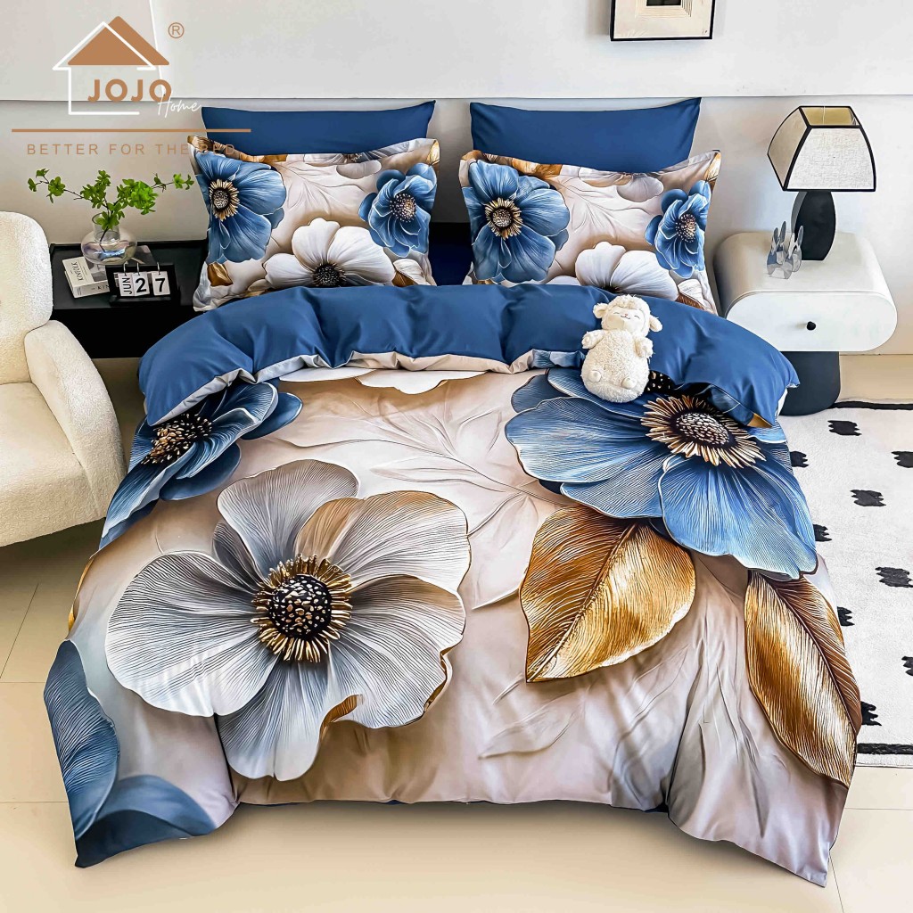 Lenjerie de pat, 2 persoane, cu elastic, finet, 6 piese, imprimeu 5D, crem și albastru, cu flori, LELD6016