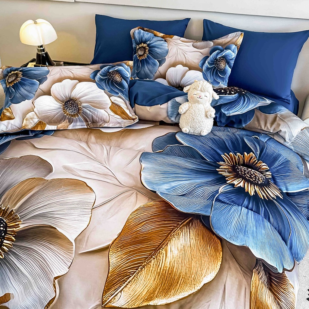 Lenjerie de pat, 2 persoane, cu elastic, finet, 6 piese, imprimeu 5D, crem și albastru, cu flori, LELD6016