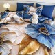 Lenjerie de pat, 2 persoane, cu elastic, finet, 6 piese, imprimeu 5D, crem și albastru, cu flori, LELD6016