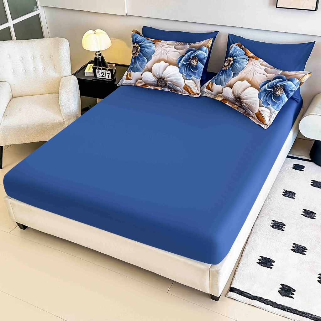 Lenjerie de pat, 2 persoane, cu elastic, finet, 6 piese, imprimeu 5D, crem și albastru, cu flori, LELD6016