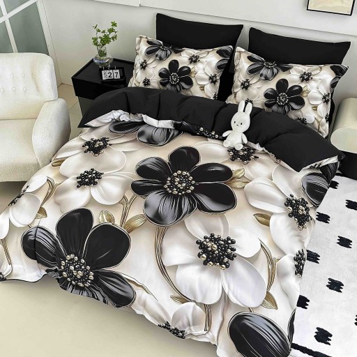 Lenjerie de pat, 2 persoane, cu elastic, finet, 6 piese, imprimeu 5D, crem și negru, cu flori, LELD6017