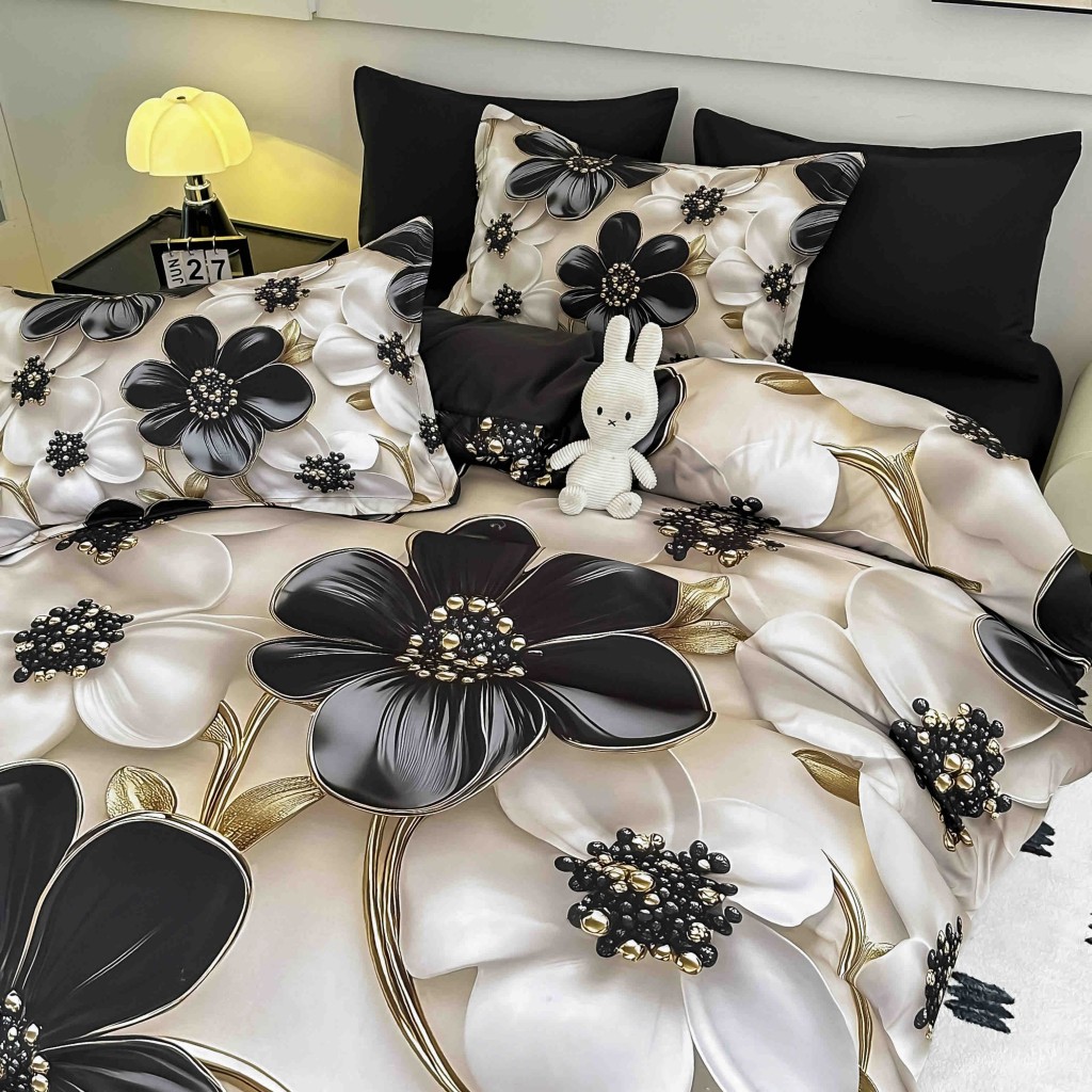 Lenjerie de pat, 2 persoane, cu elastic, finet, 6 piese, imprimeu 5D, crem și negru, cu flori, LELD6017