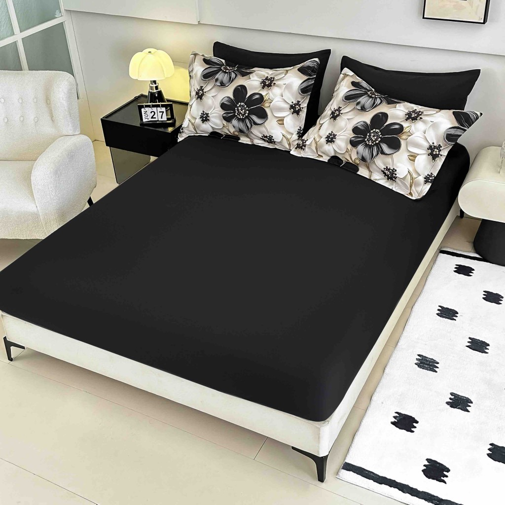 Lenjerie de pat, 2 persoane, cu elastic, finet, 6 piese, imprimeu 5D, crem și negru, cu flori, LELD6017