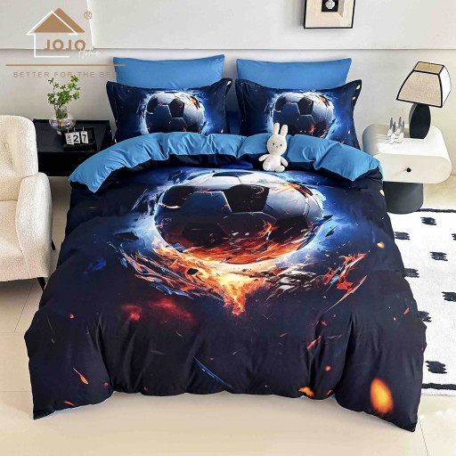 Lenjerie de pat, 2 persoane, cu elastic, finet, 6 piese, imprimeu 5D, albastru închis, cu minge de fotbal, LELD6018