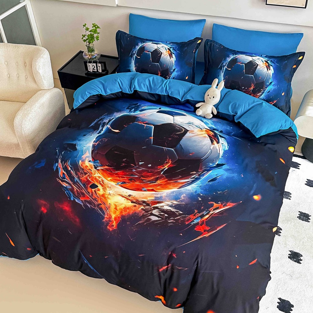 Lenjerie de pat, 2 persoane, cu elastic, finet, 6 piese, imprimeu 5D, albastru închis, cu minge de fotbal, LELD6018
