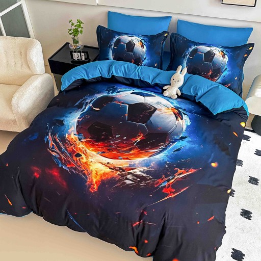Lenjerie de pat, 2 persoane, cu elastic, finet, 6 piese, imprimeu 5D, albastru închis, cu minge de fotbal, LELD6018