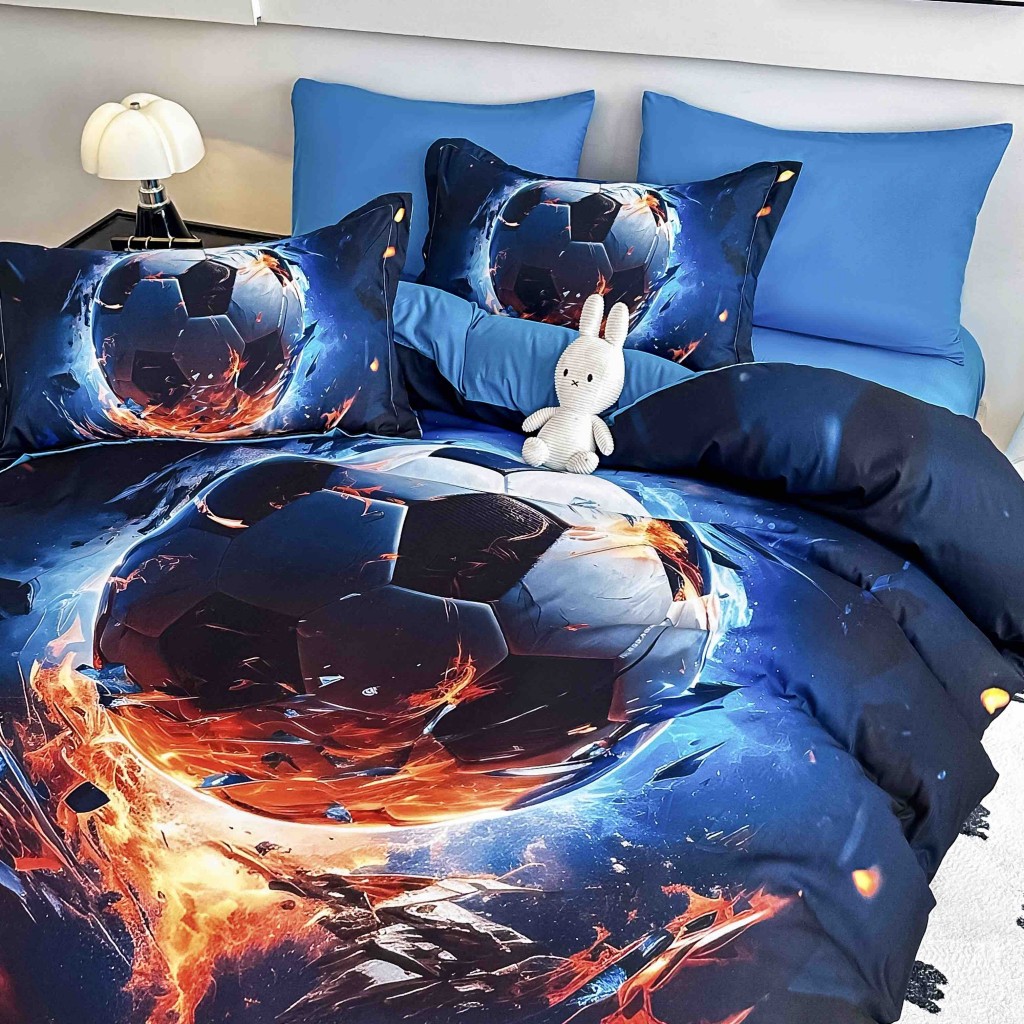 Lenjerie de pat, 2 persoane, cu elastic, finet, 6 piese, imprimeu 5D, albastru închis, cu minge de fotbal, LELD6018
