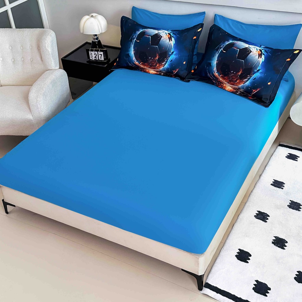 Lenjerie de pat, 2 persoane, cu elastic, finet, 6 piese, imprimeu 5D, albastru închis, cu minge de fotbal, LELD6018