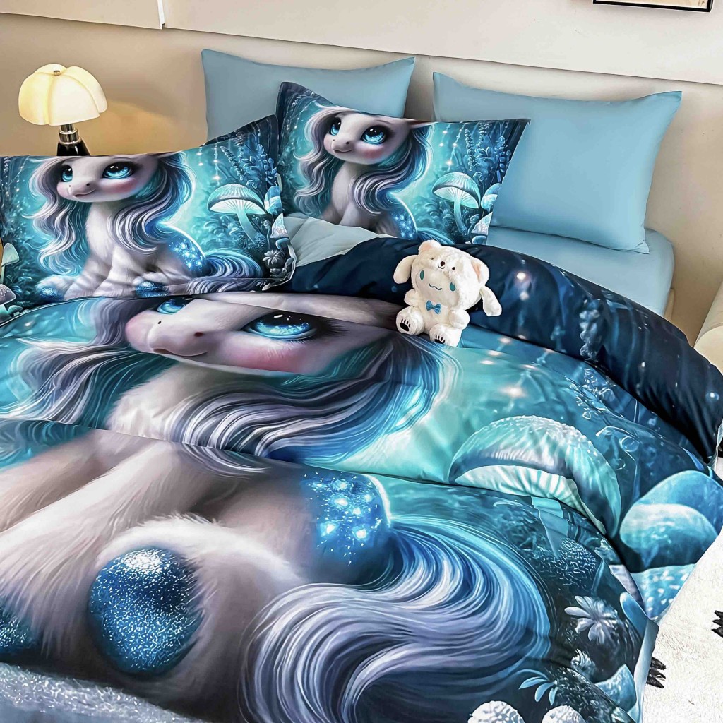 Lenjerie de pat, 2 persoane, cu elastic, finet, 6 piese, imprimeu 5D, albastru , cu ponei, LELD6019