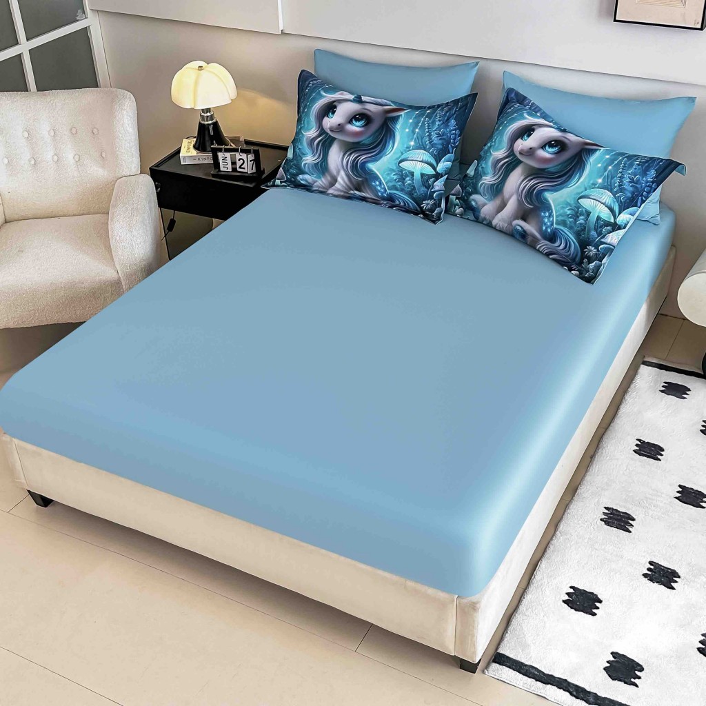 Lenjerie de pat, 2 persoane, cu elastic, finet, 6 piese, imprimeu 5D, albastru , cu ponei, LELD6019