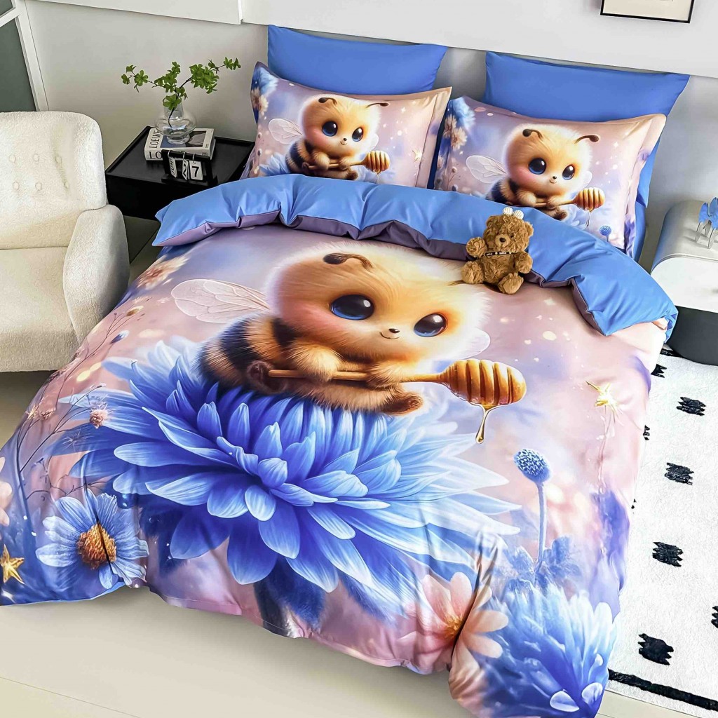 Lenjerie de pat, 2 persoane, cu elastic, finet, 6 piese, imprimeu 5D, albastru , cu albinuță, LELD6020