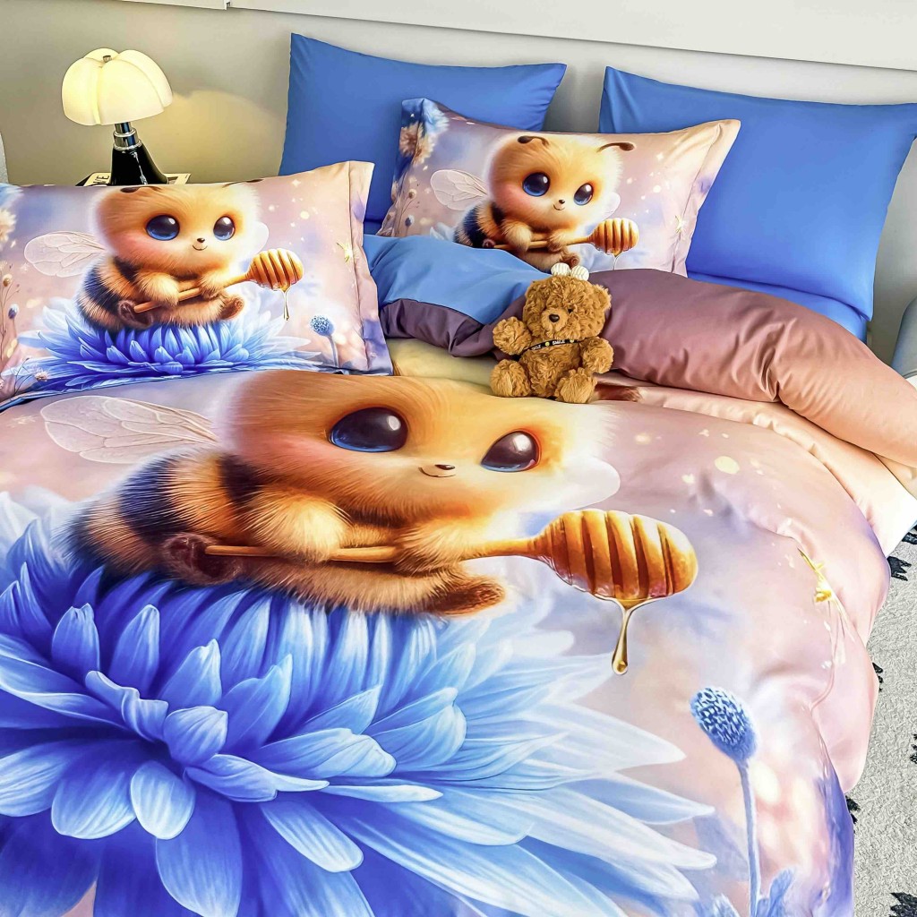 Lenjerie de pat, 2 persoane, cu elastic, finet, 6 piese, imprimeu 5D, albastru , cu albinuță, LELD6020