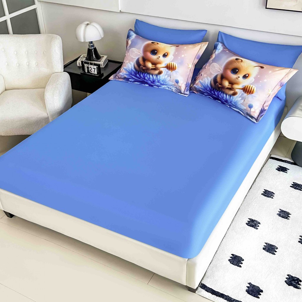 Lenjerie de pat, 2 persoane, cu elastic, finet, 6 piese, imprimeu 5D, albastru , cu albinuță, LELD6020