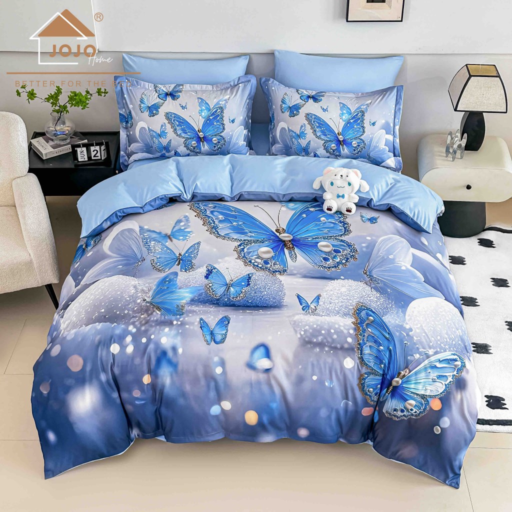 Lenjerie de pat, 2 persoane, cu elastic, finet, 6 piese, imprimeu 5D, albastru deschis, cu fluturași, LELD6021