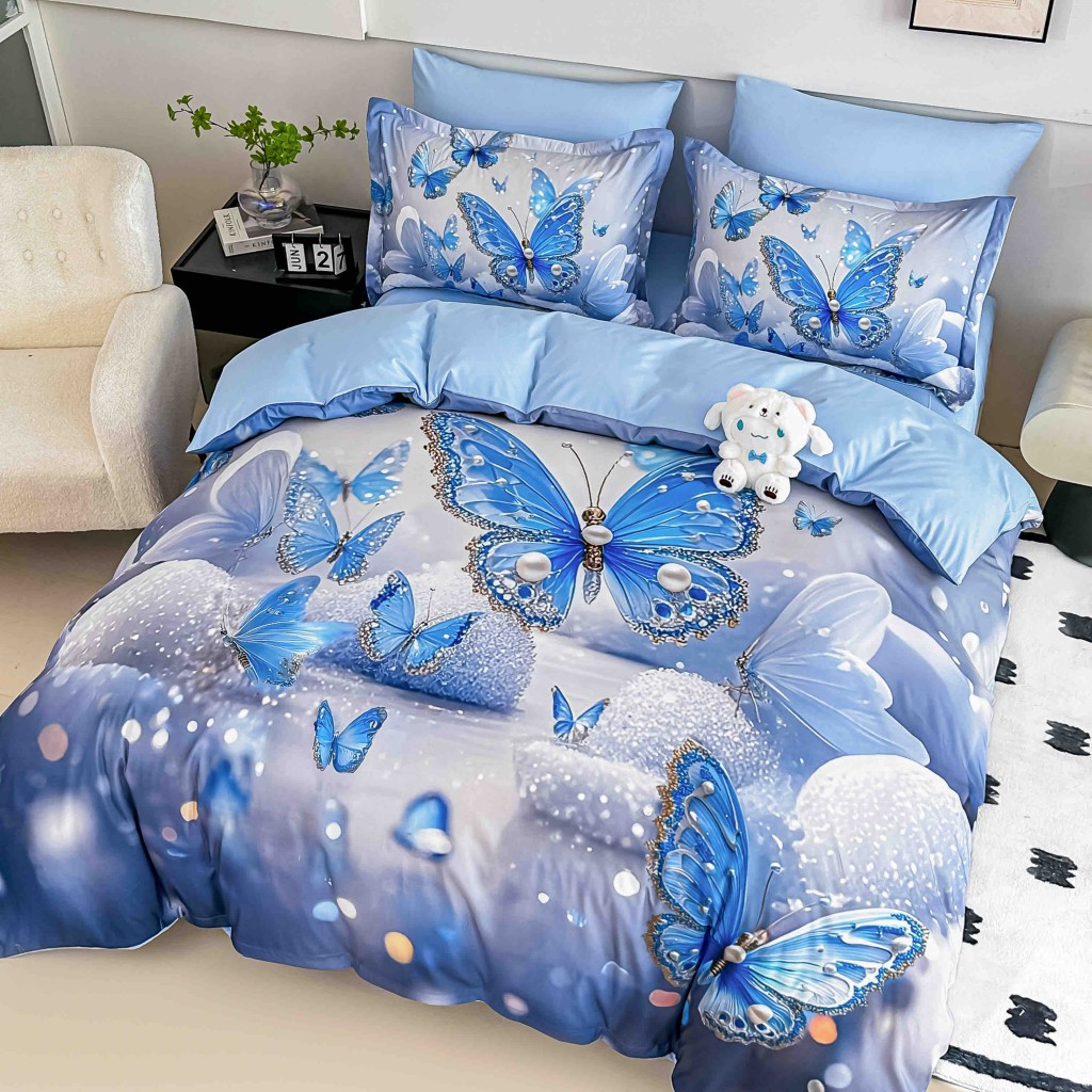 Lenjerie de pat, 2 persoane, cu elastic, finet, 6 piese, imprimeu 5D, albastru deschis, cu fluturași, LELD6021