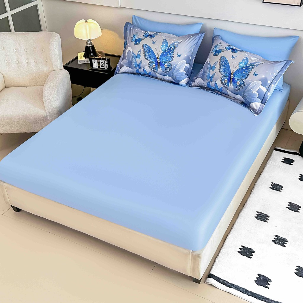 Lenjerie de pat, 2 persoane, cu elastic, finet, 6 piese, imprimeu 5D, albastru deschis, cu fluturași, LELD6021