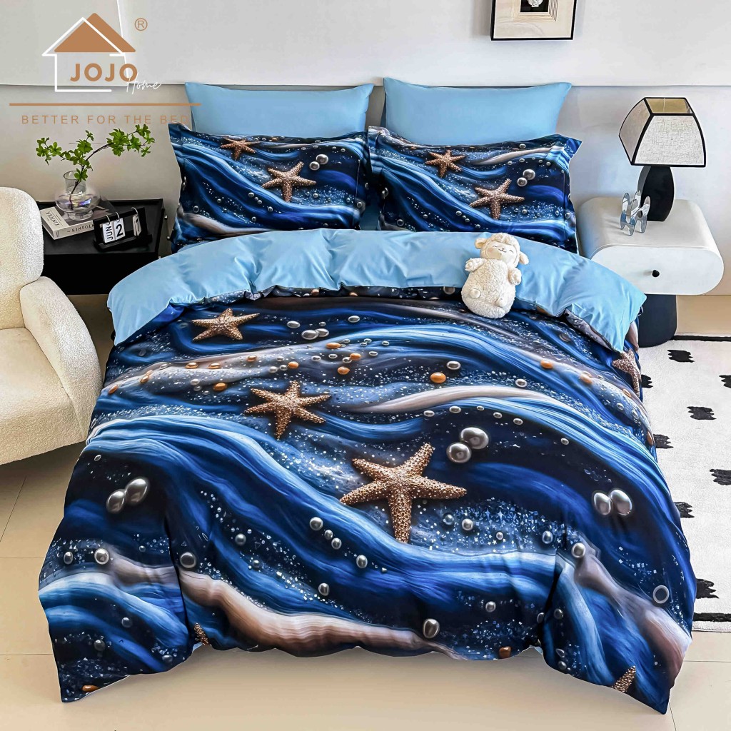 Lenjerie de pat, 2 persoane, cu elastic, finet, 6 piese, imprimeu 5D, albastru închis, cu stele de mare, LELD6022