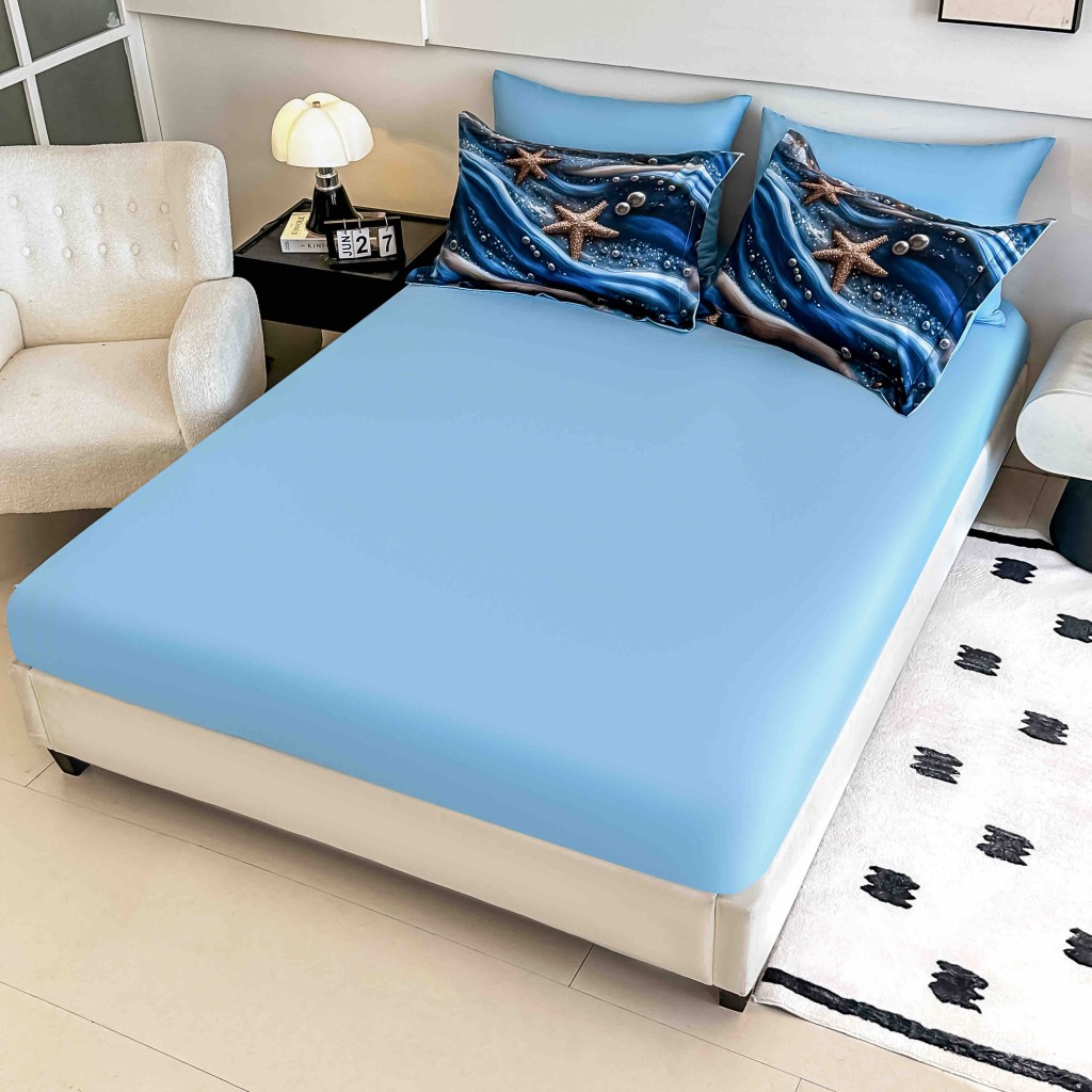 Lenjerie de pat, 2 persoane, cu elastic, finet, 6 piese, imprimeu 5D, albastru închis, cu stele de mare, LELD6022
