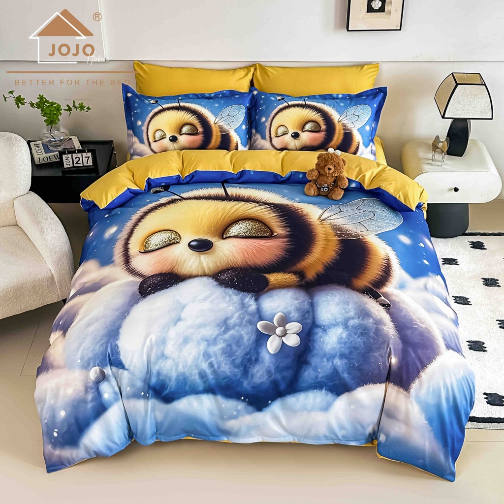 Lenjerie de pat, 2 persoane, cu elastic, finet, 6 piese, imprimeu 5D, albastru și galben, cu bondar, LELD6023