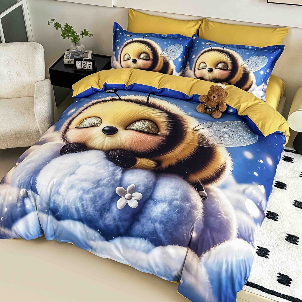 Lenjerie de pat, 2 persoane, cu elastic, finet, 6 piese, imprimeu 5D, albastru și galben, cu bondar, LELD6023