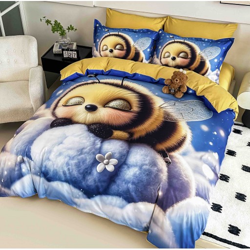 Lenjerie de pat, 2 persoane, cu elastic, finet, 6 piese, imprimeu 5D, albastru și galben, cu bondar, LELD6023