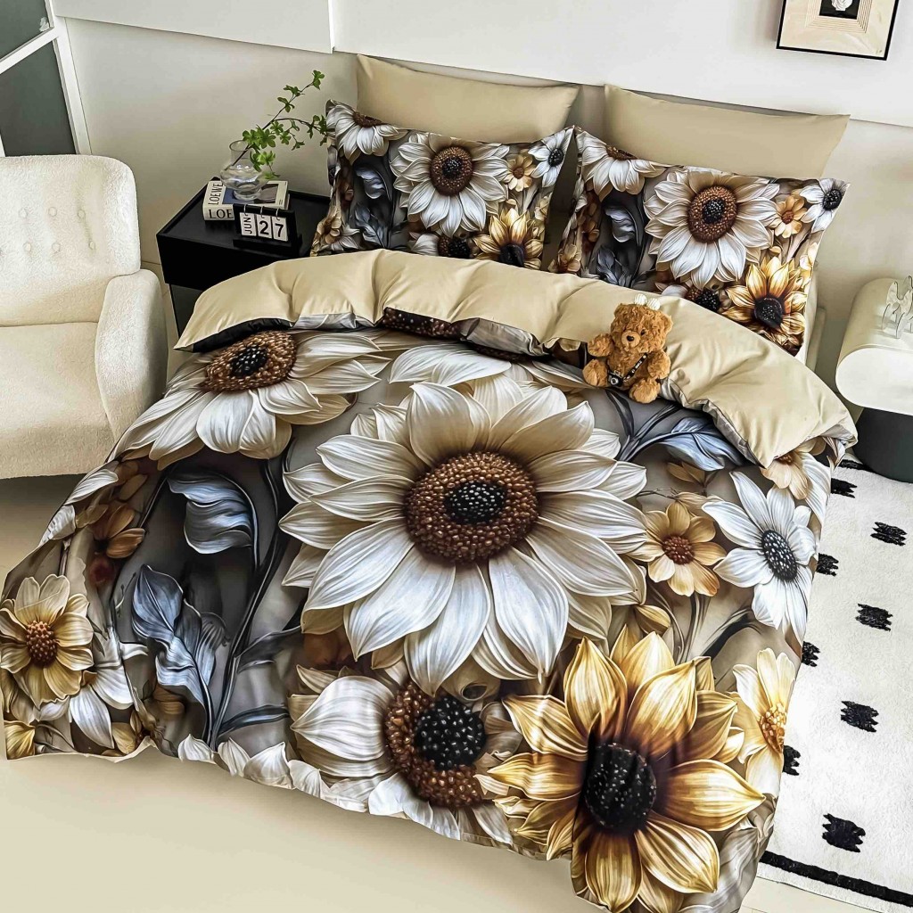 Lenjerie de pat, 2 persoane, cu elastic, finet, 6 piese, imprimeu 5D, crem și maro, cu flori, LELD6024