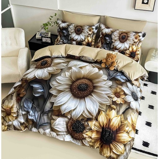 Lenjerie de pat, 2 persoane, cu elastic, finet, 6 piese, imprimeu 5D, crem și maro, cu flori, LELD6024