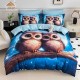 Lenjerie de pat, 2 persoane, cu elastic, finet, 6 piese, imprimeu 5D, albastru , cu bufnițe, LELD6025