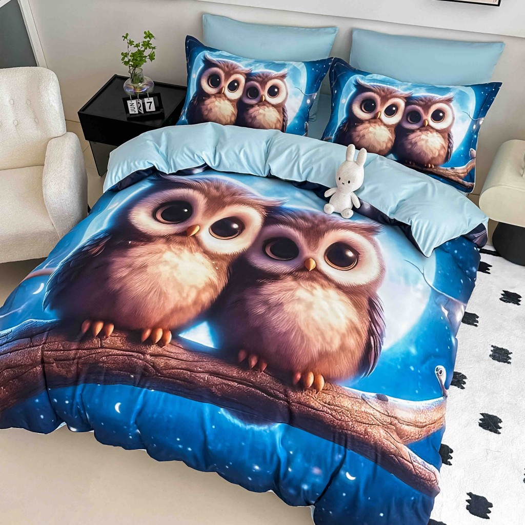 Lenjerie de pat, 2 persoane, cu elastic, finet, 6 piese, imprimeu 5D, albastru , cu bufnițe, LELD6025
