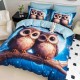 Lenjerie de pat, 2 persoane, cu elastic, finet, 6 piese, imprimeu 5D, albastru , cu bufnițe, LELD6025