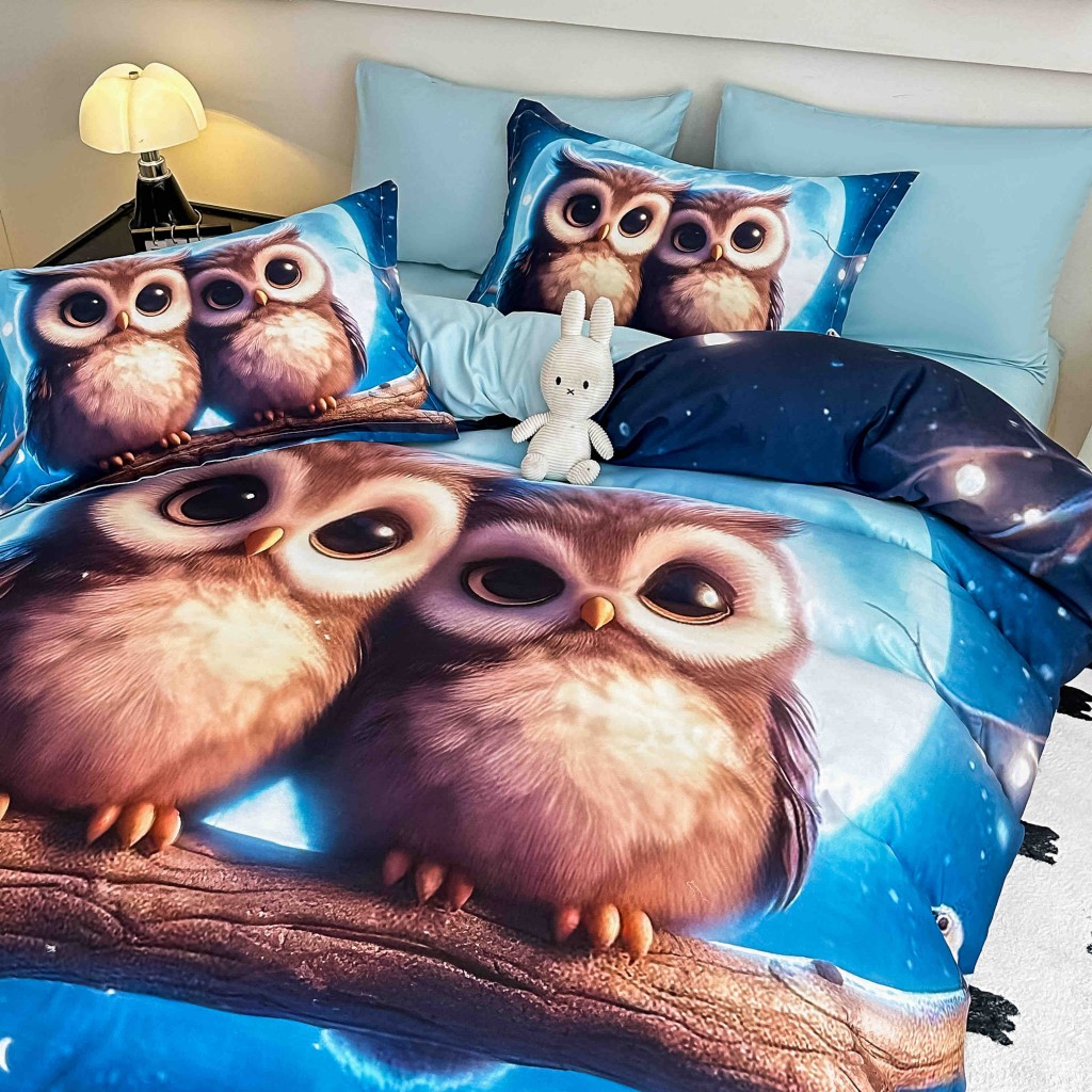 Lenjerie de pat, 2 persoane, cu elastic, finet, 6 piese, imprimeu 5D, albastru , cu bufnițe, LELD6025