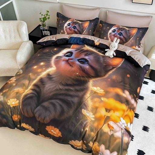 Lenjerie de pat, 2 persoane, cu elastic, finet, 6 piese, imprimeu 5D, maro , cu pui de pisică, LELD6026