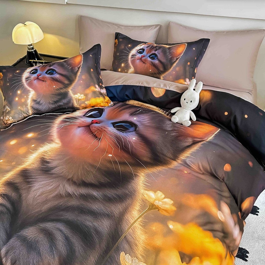 Lenjerie de pat, 2 persoane, cu elastic, finet, 6 piese, imprimeu 5D, maro , cu pui de pisică, LELD6026