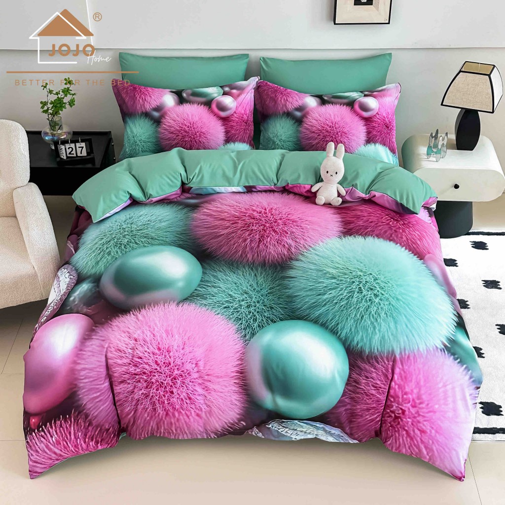 Lenjerie de pat, 2 persoane, cu elastic, finet, 6 piese, imprimeu 5D, turcoaz și roz , cu globuri pufoase, LELD6027