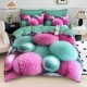Lenjerie de pat, 2 persoane, cu elastic, finet, 6 piese, imprimeu 5D, turcoaz și roz , cu globuri pufoase, LELD6027