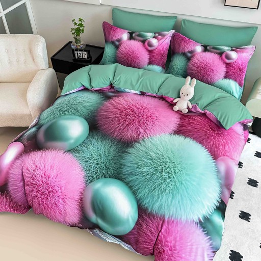 Lenjerie de pat, 2 persoane, cu elastic, finet, 6 piese, imprimeu 5D, turcoaz și roz , cu globuri pufoase, LELD6027