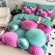 Lenjerie de pat, 2 persoane, cu elastic, finet, 6 piese, imprimeu 5D, turcoaz și roz , cu globuri pufoase, LELD6027