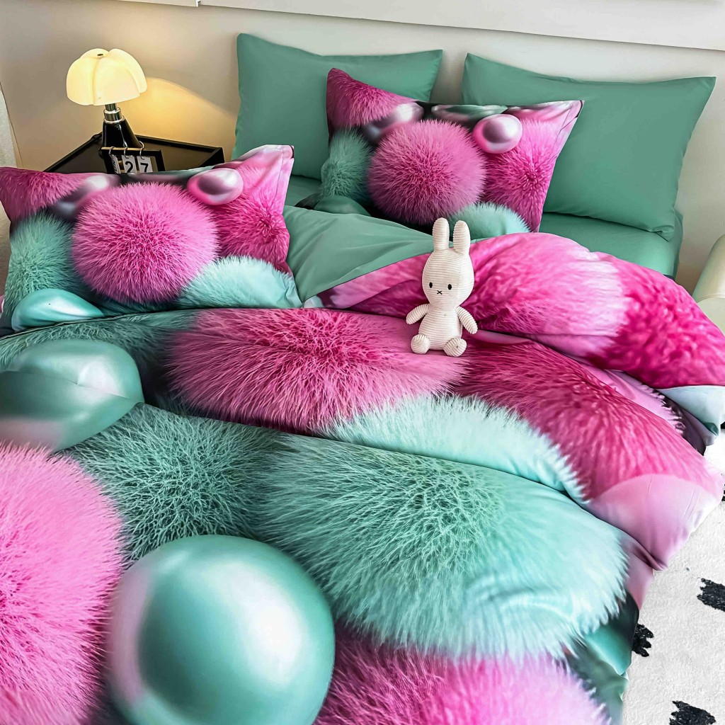 Lenjerie de pat, 2 persoane, cu elastic, finet, 6 piese, imprimeu 5D, turcoaz și roz , cu globuri pufoase, LELD6027